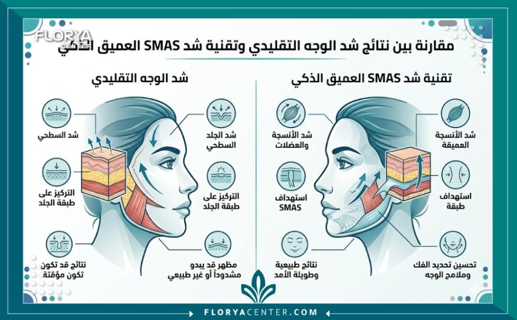 تقنية الـ Smart SMAS لشد الأنسجة العميقة 3 إنفوجرافيك يوضح الفرق بين شد الوجه التقليدي وتقنية الـ Smart SMAS لشد الأنسجة العميقة بدون مظهر مصطنع.