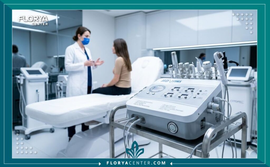 غرفة عمليات نظيفة ومعقمة داخل عيادة تجميل طبية رائدة في تركيا، تظهر أحدث أجهزة الميكرو-ديرمابريشن.