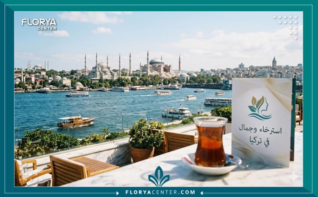 إطلالة بانورامية ساحرة على آيا صوفيا ومضيق البوسفور في إسطنبول، ترمز للسياحة العلاجية والجمالية في تركيا.