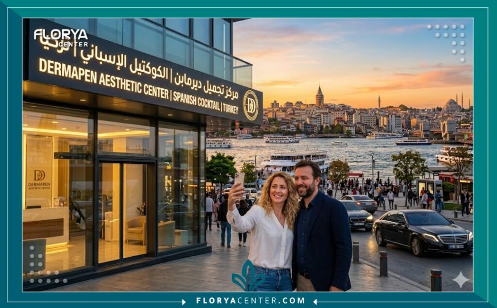 مشهد بانورامي يجمع بين مركز تجميل حديث لعلاج الديرمابن والكوكتيل الإسباني ومعالم إسطنبول الشهيرة مثل برج غلاطة، يبرز السياحة العلاجية في تركيا.
