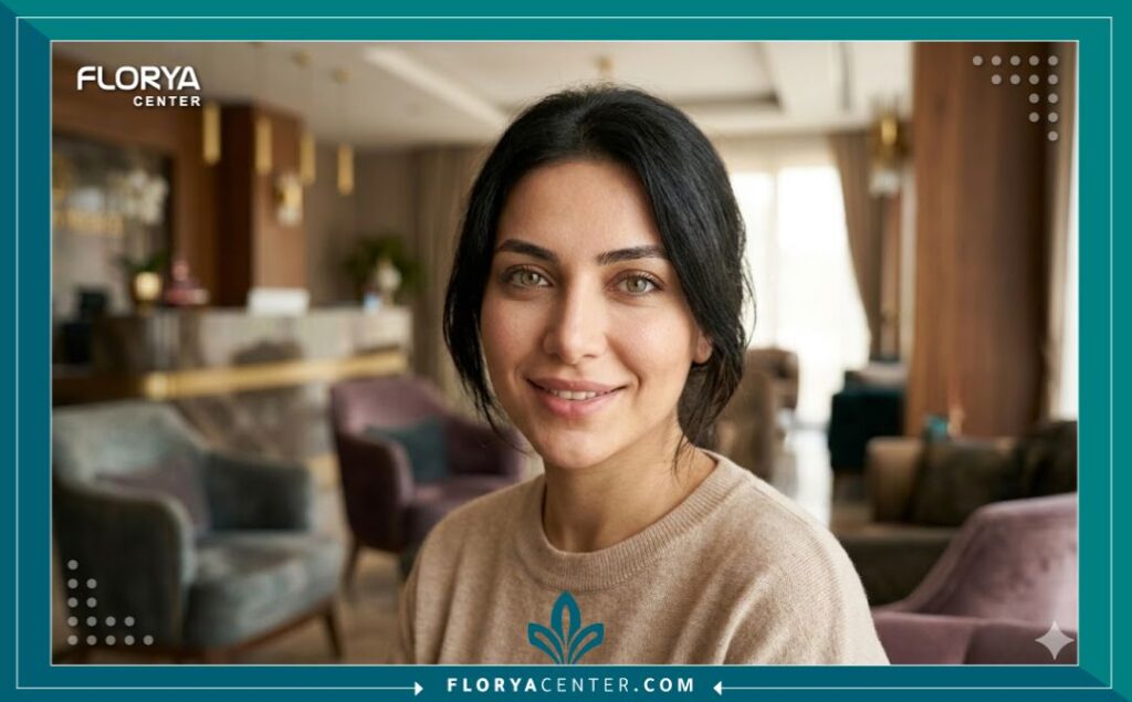 صورة جمالية مقربة لامرأة بعيون فاتحة اللون ناتجة عن تقنية ستروما، تبدو سعيدة في مركز تجميل طبي في تركيا.