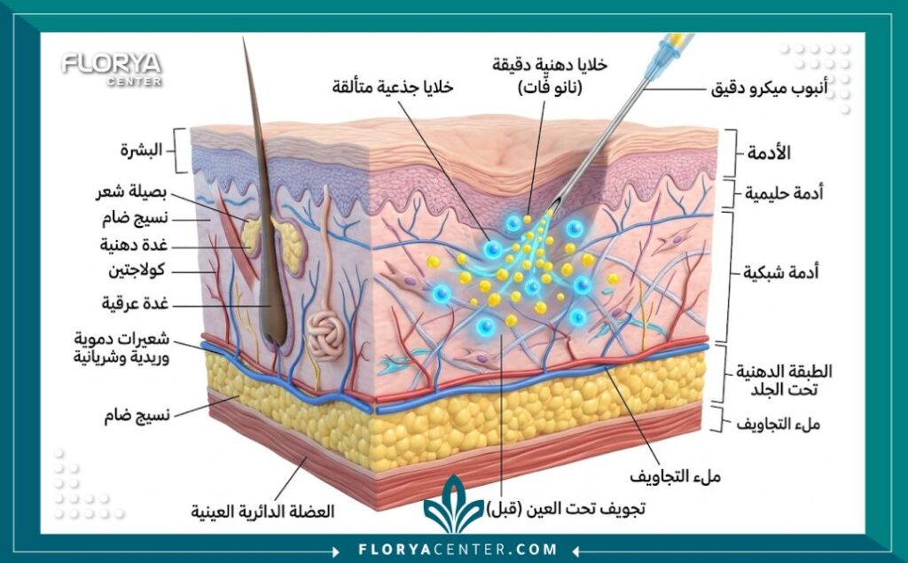 رسم توضيحي طبي لطبقات الجلد يوضح آلية عمل الخلايا الجذعية وتقنية النانو فات في تجديد البشرة وعلاج الهالات.