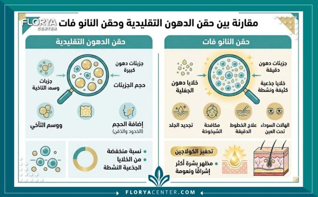 إنفوجرافيك يقارن بين حقن الدهون التقليدي وتقنية نانو فات لشد الوجه ويوضح كثافة الخلايا الجذعية المجددة للبشرة.