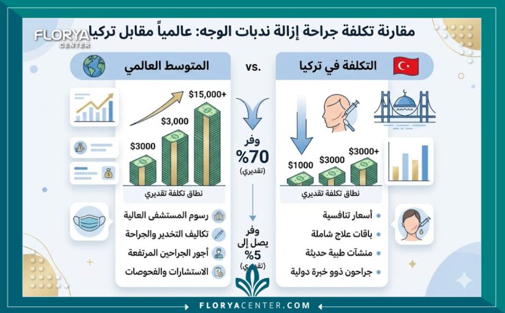 تكلفة إزالة ندبات الوجه جراحياً 3 إنفوجرافيك يوضح مقارنة تفصيلية حول تكلفة إزالة ندبات الوجه جراحياً في تركيا مقابل دول العالم الأخرى.