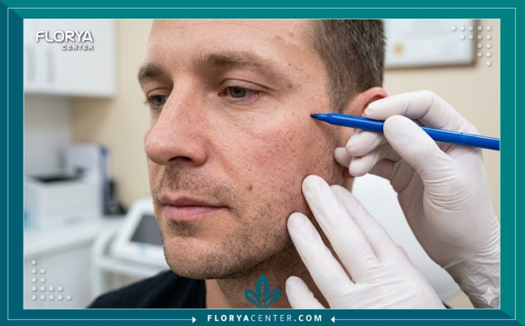 تكلفة إزالة ندبات الوجه جراحياً 5 طبيب جراحة تجميل يقوم بفحص وتخطيط وجه مريض أثناء الاستشارة الطبية قبل إجراء جراحة التخلص من آثار الجروح والندبات.