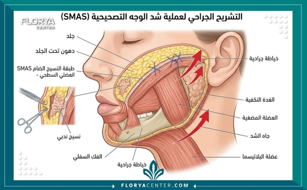 رسم توضيحي طبي يبين تشريح طبقات الوجه والتقنيات المعقدة المستخدمة في إصلاح عملية شد الوجه الفاشلة.
