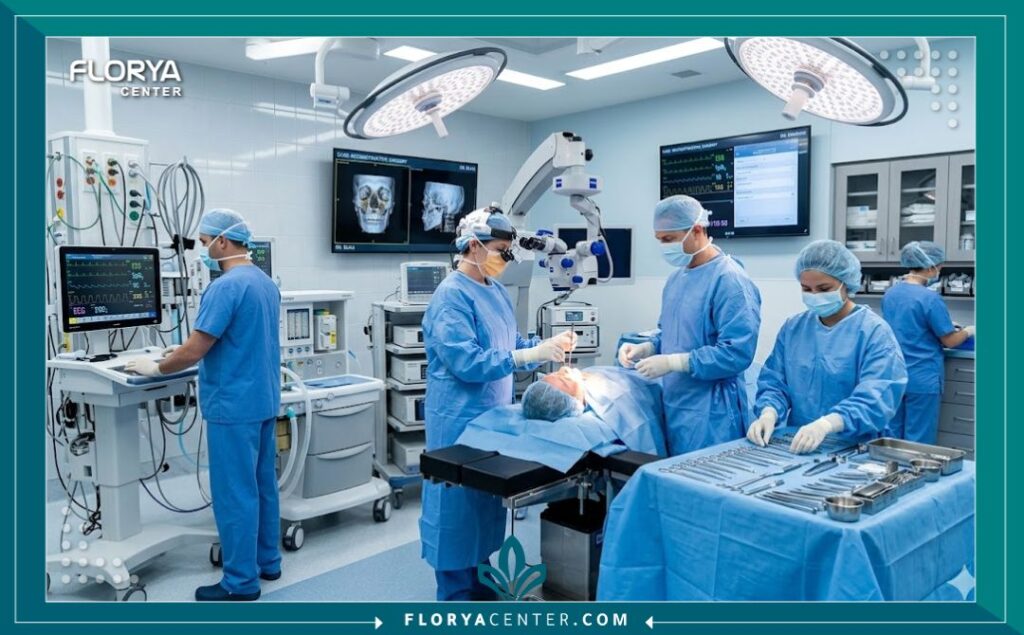 غرفة عمليات حديثة ومجهزة بأحدث التقنيات لضمان أعلى درجات الأمان أثناء جراحات تجميل الوجه المعقدة.