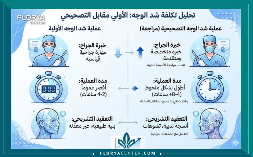 إنفوجرافيك يوضح أسباب ارتفاع تكلفة إعادة عملية شد الوجه الفاشلة مقارنة بالعملية الأولى.