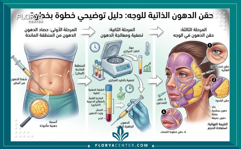 رسم توضيحي طبي يشرح خطوات عملية حقن الدهون الذاتية للوجه، بدءاً من شفط الدهون وتنقيتها وصولاً إلى حقنها في الخدود وأسفل العينين.