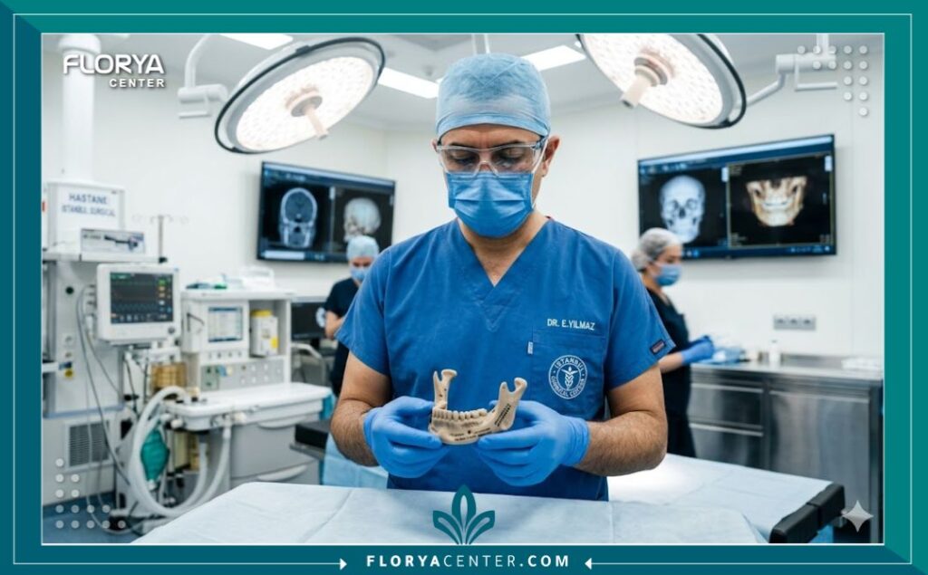 جراح تجميل الوجه والفكين داخل غرفة عمليات مجهزة بأحدث التقنيات الطبية في اسطنبول، يحمل غرسة فك ثلاثية الأبعاد مخصصة للمريض.