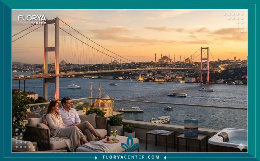 مشهد ساحر لمدينة إسطنبول ومضيق البوسفور وقت الغروب، الوجهة المثالية للسياحة العلاجية وإجراء جراحات تجميل الوجه المتقدمة بأفضل الأسعار.