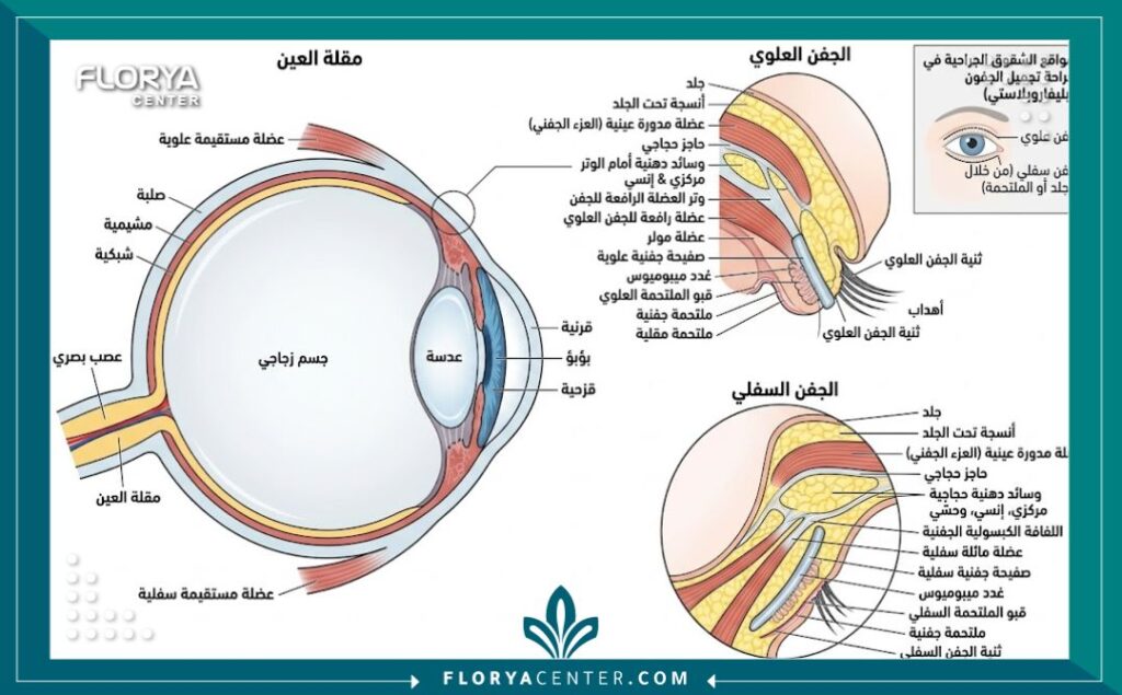 رسم توضيحي طبي دقيق يوضح تشريح العين والجفون السفلية والعلوية لشرح خطوات وتفاصيل عملية رأب الجفن.