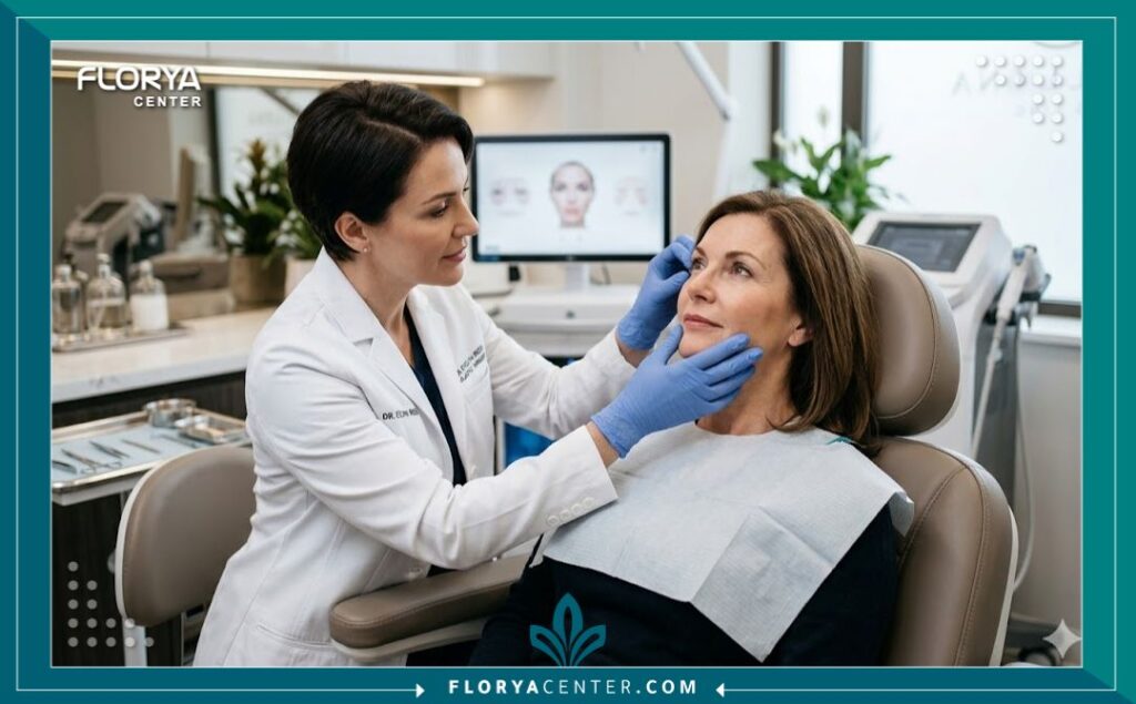 طبيب تجميل مختص يفحص مريضة في عيادة مجهزة بأحدث التقنيات في تركيا للتحضير لعملية تجميل وشد الجفون.