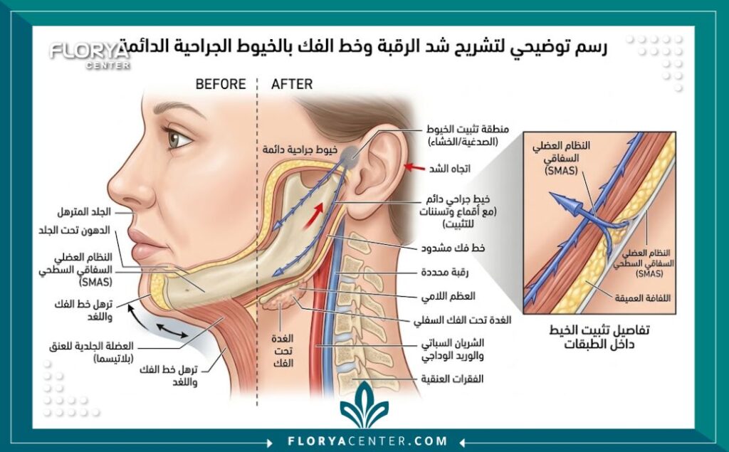 رسم توضيحي طبي يبين تشريح الرقبة وكيفية رفع الترهلات باستخدام الخيوط الجراحية الدائمة.