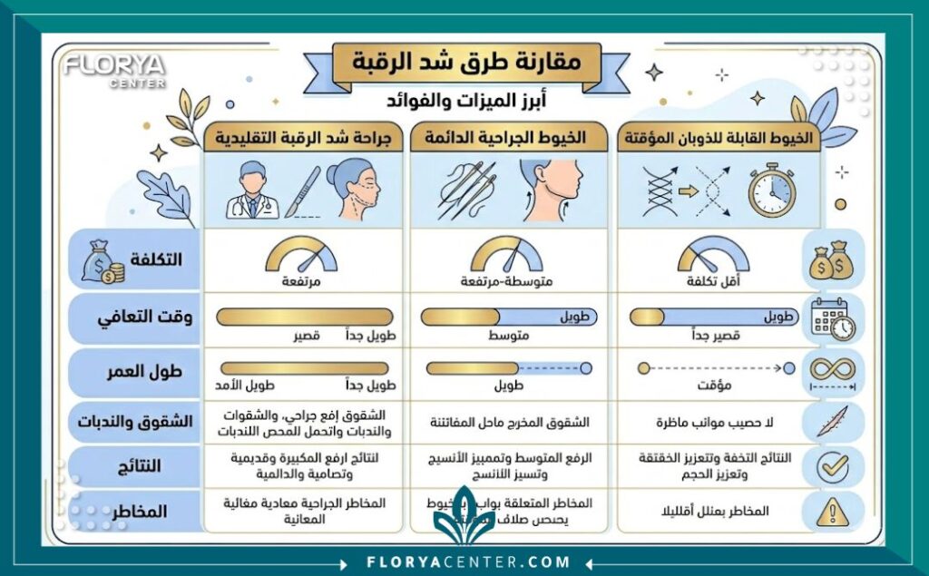 إنفوجرافيك مقارنة بين تكلفة شد الرقبة بـ الخيوط الجراحية والجراحة التقليدية والخيوط المؤقتة.