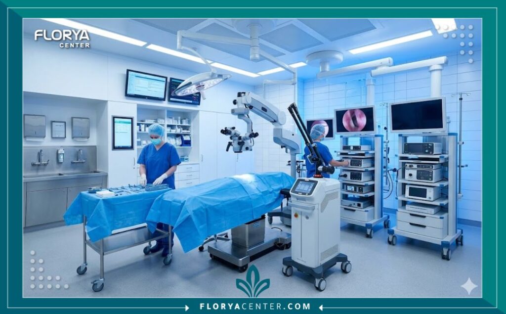 غرفة عمليات متطورة مجهزة بأحدث التقنيات الطبية لإجراء جراحات وتجميل الأحبال الصوتية في تركيا.
