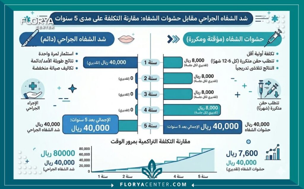 إنفوجرافيك يوضح مقارنة التكلفة بين عملية رفع الشفة الدائمة في تركيا وتكاليف حقن فيلر الشفايف المتكررة.