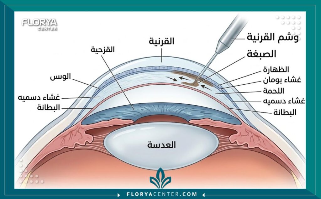 رسم توضيحي طبي يوضح تشريح العين ومكان حقن الصبغة التجميلية الدقيقة في طبقة القرنية أثناء عملية وشم القرنية (Keratopigmentation).