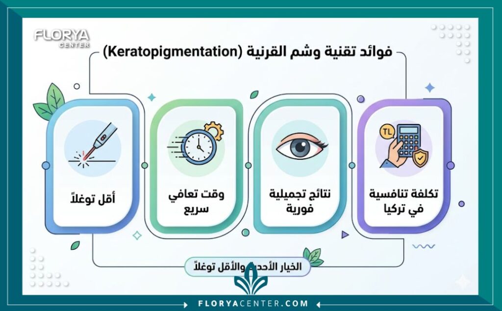 إنفوجرافيك يوضح فوائد تقنية وتكلفة وشم القرنية في تركيا: أقل توغلاً، تعافي سريع، نتائج فورية، وتكلفة تنافسية في تركيا.