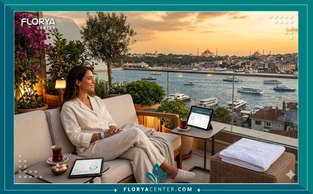 مريضة تقضي فترة نقاهة مريحة على شرفة جناح فاخر باسطنبول، تطل على البوسفور والمعالم التاريخية كآيا صوفيا بعد عملية وشم القرنية، مما يبرز تجربة السياحة العلاجية في تركيا.