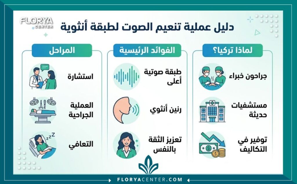 انفوجرافيك يوضح مراحل وفوائد عملية تنعيم الصوت لطبقة أنثوية رقيقة في عيادات تركيا.