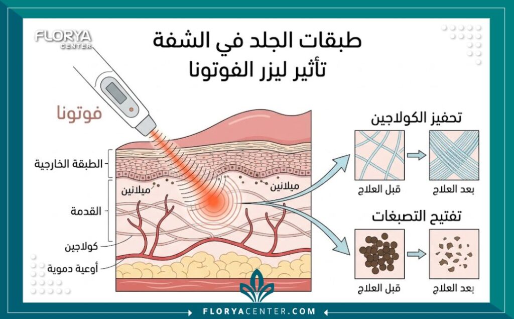 رسم تخطيطي طبي يوضح كيفية عمل ليزر الفوتونا في تفتيح تصبغات الشفايف وتحفيز الكولاجين.