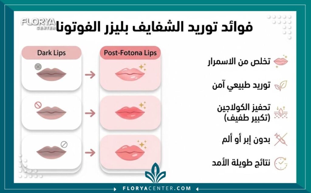 انفوجرافيك يوضح فوائد جلسات توريد الشفايف بليزر الفوتونا الحديث.