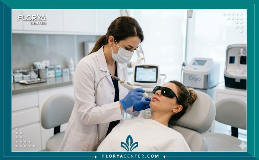 طبيبة جلدية تجري عملية توريد الشفايف بجهاز الفوتونا ليزر داخل عيادة تجميل متخصصة في اسطنبول.