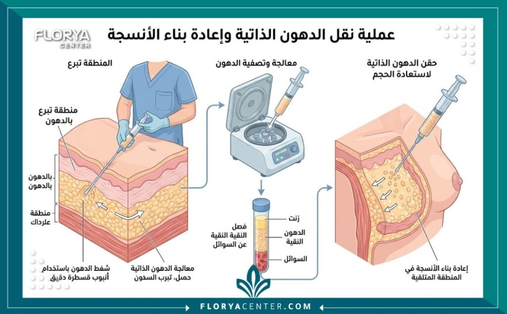 رسم توضيحي طبي يشرح آلية الحقن الجراحي ونقل الدهون الذاتية لتعويض الحجم المفقود في جراحات الترميم.