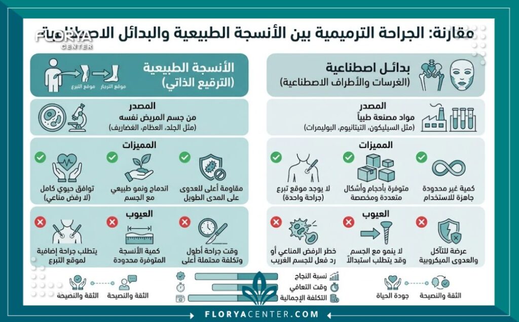 إنفوجرافيك مقارنة يوضح فوائد استخدام أنسجة الجسم الطبيعية والترقيع الجراحي في عمليات الترميم.