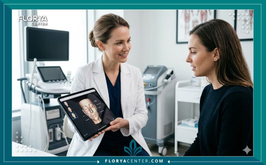 استشارة طبية في عيادة تجميل مجهزة بأحدث التقنيات لمناقشة خيارات جراحات الترميم والترقيع.