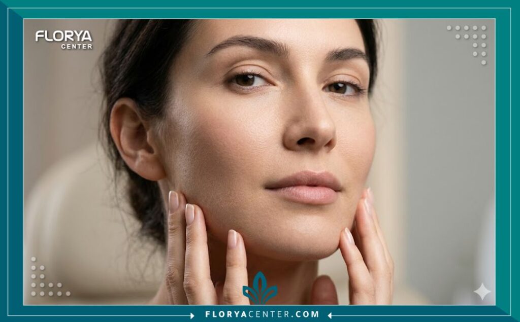 عارضة تبرز التماثل المثالي واستعادة الحجم الطبيعي للوجه بعد الخضوع للحقن الجراحي التجميلي.