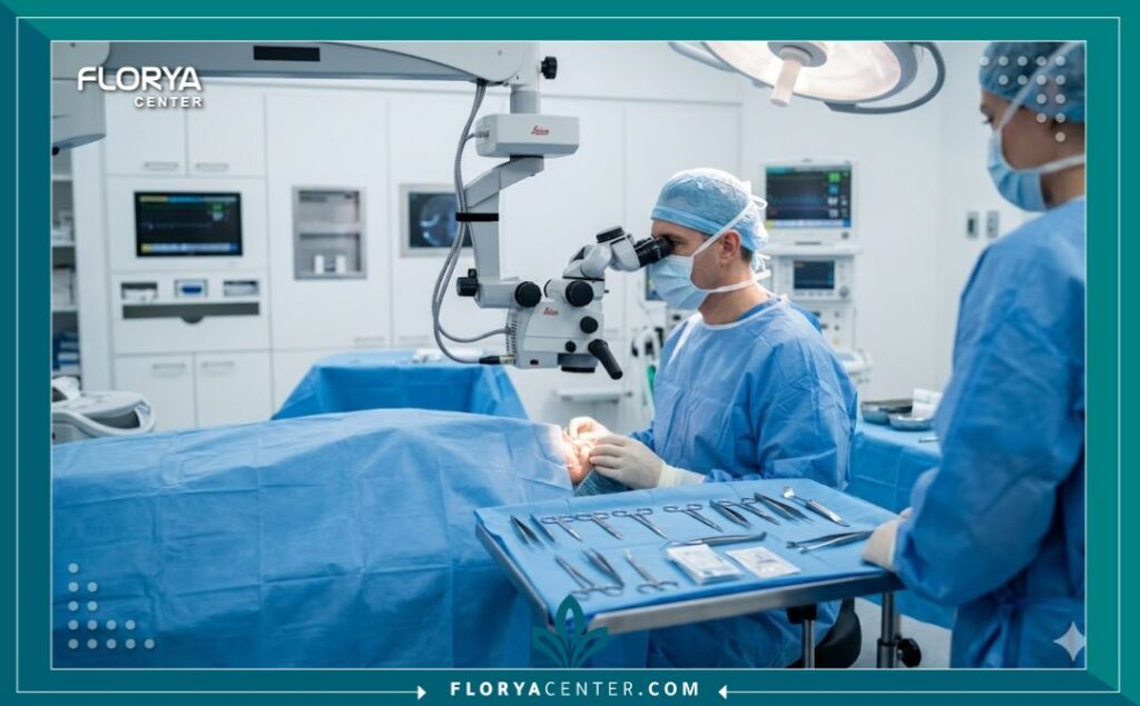 لقطة واقعية لغرفة عمليات حديثة ومعقمة مجهزة بالكامل ومخصصة لإجراء جراحات تجميل وترميم الجفون والعيون بدقة.