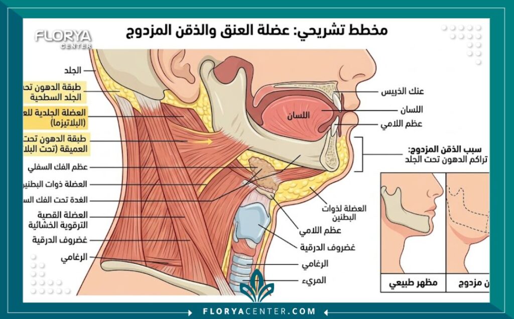 جراحات الرقبة واللغلوغ في تركيا 2 مخطط طبي تشريحي يوضح منطقة الذقن المزدوج والجلد الزائد المستهدف في جراحات الرقبة.