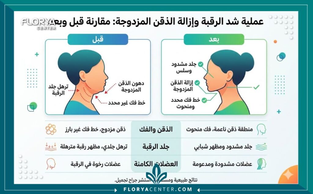 جراحات الرقبة واللغلوغ في تركيا 3 إنفوجرافيك توضيحي يبرز مقارنة قبل وبعد جراحات الرقبة واللغلوغ في تركيا.