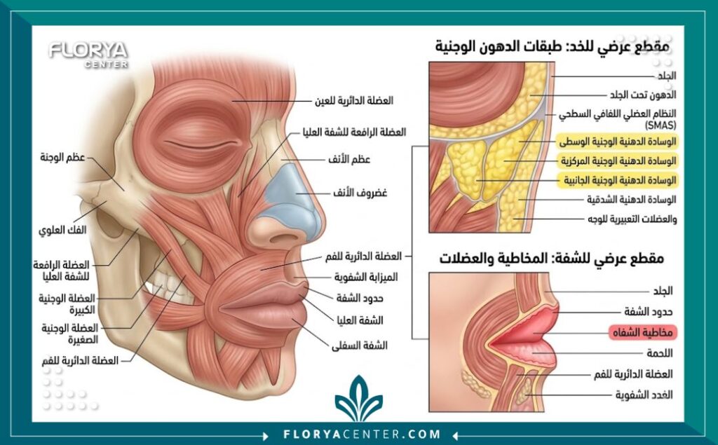 رسم توضيحي طبي مفصل يوضح تشريح الوجه والأنسجة الرخوة في منطقة الشفاه والخدود استعداداً للجراحة.