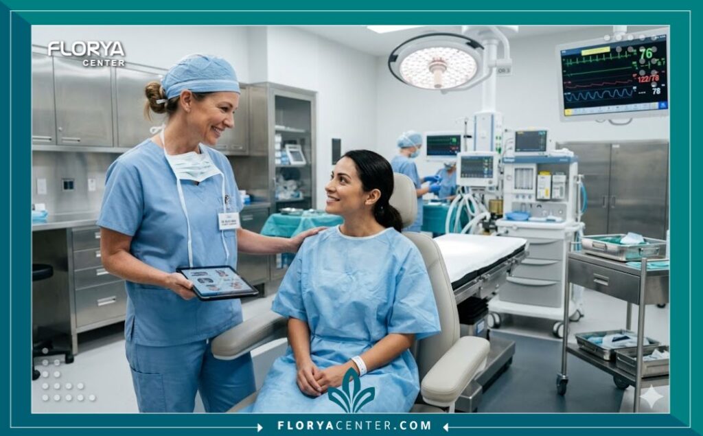 غرفة عمليات حديثة في مستشفى تجميل فاخر مجهزة بأحدث التقنيات لإجراء جراحات الوجه وتعديل الشفاه والخدود بأمان