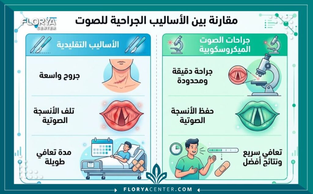 إنفوجرافيك حديث يقارن بين مميزات جراحات الصوت الميكروسكوبية والأساليب التقليدية من حيث دقة النتائج وسرعة فترة التعافي.