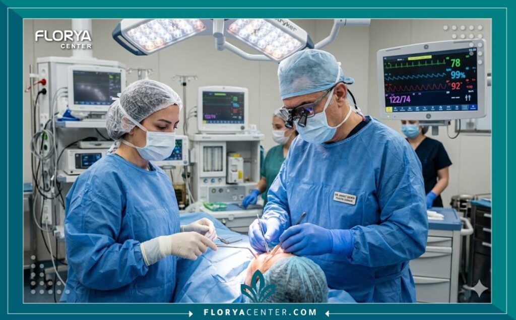 جراح تجميل تركي ماهر يجري عملية شد وجه دقيقة داخل غرفة عمليات حديثة في إسطنبول.