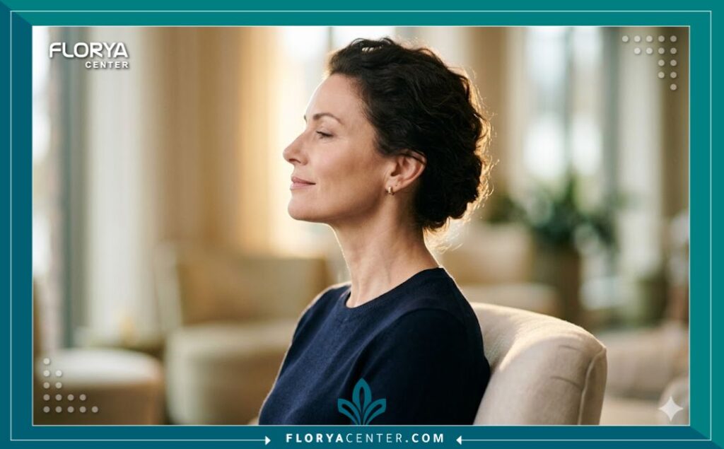 لقطة جانبية (بروفايل) تبرز كونتور الفك المشدود والرقبة الملساء لامرأة بعد تجميل الوجه.