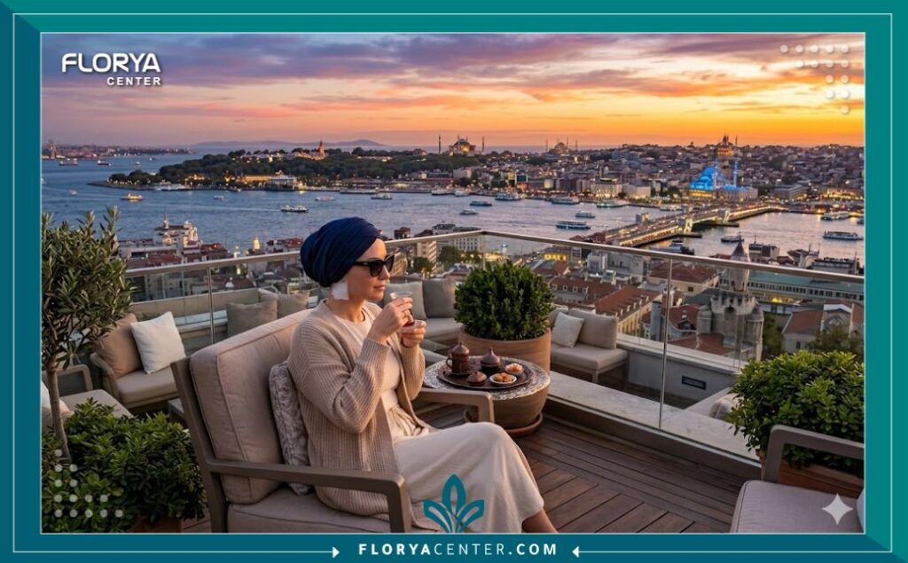 مريضة تقضي فترة النقاهة براحة في إسطنبول بعد عملية شد الوجه مع إطلالة على آيا صوفيا ومضيق البوسفور.