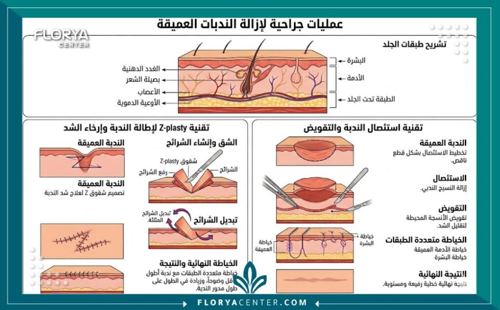 مخطط طبي يوضح تقنية استئصال الندبات العميقة وطريقة ترميم الجلد جراحياً