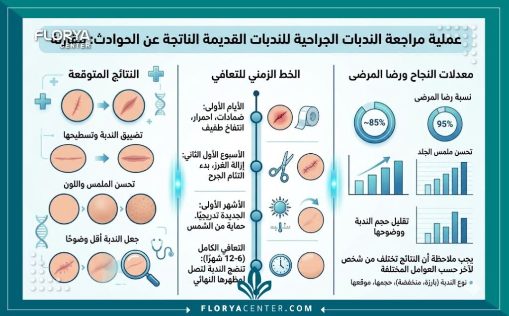 إنفوجرافيك يقارن بين نتائج جراحة إزالة ندبات الحوادث القديمة ومراحل تشافي الجلد
