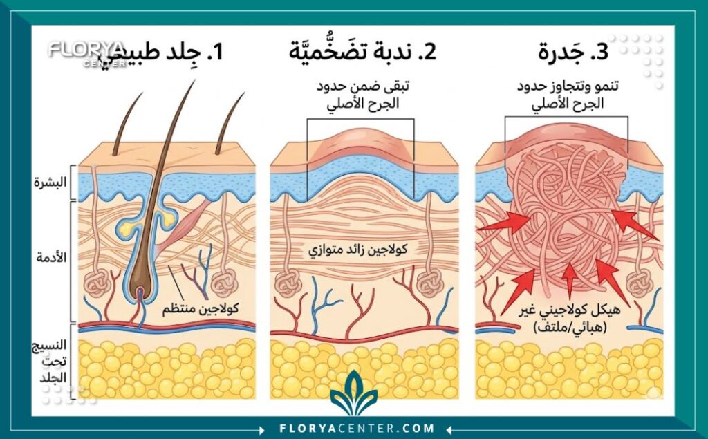 مخطط طبي تشريحي يوضح الفرق بين طبقات الجلد الطبيعية وأنواع الندبات المختلفة مثل الندبات الضخمة والجدرة، مع تسميات باللغة العربية.