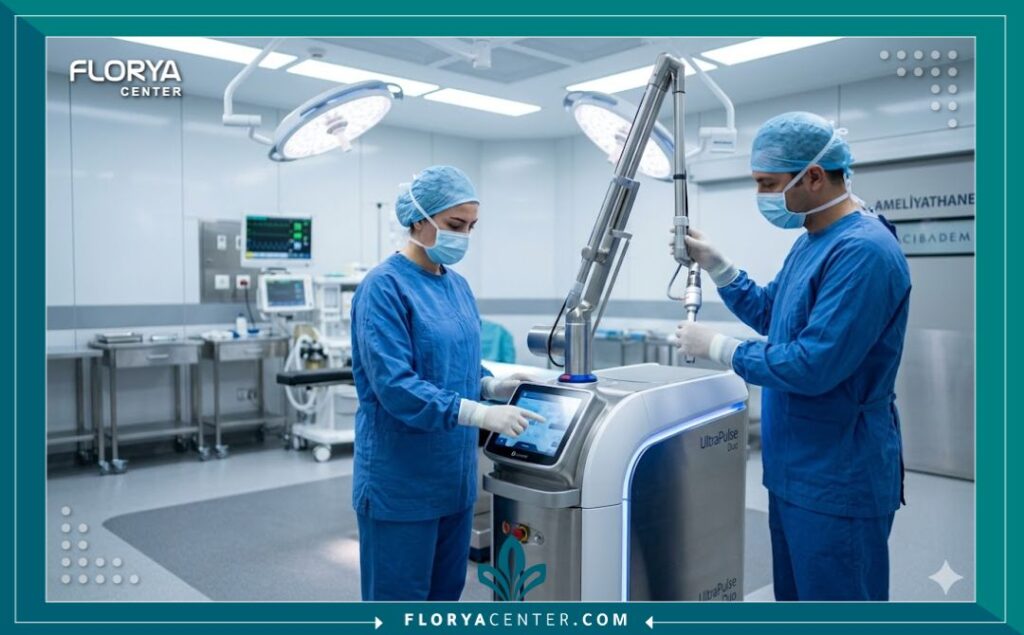 غرف عمليات معقمة ومجهزة بأحدث تقنيات الليزر لجراحة إزالة الندبات في مستشفى رائد في إسطنبول، تركيا.