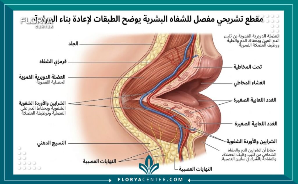 جراحة إعادة بناء الشفة بعد الحوادث 2 رسم توضيحي طبي لتشريح الأنسجة والعضلات في الشفاه يوضح دقة عملية ترميم الشفة.
