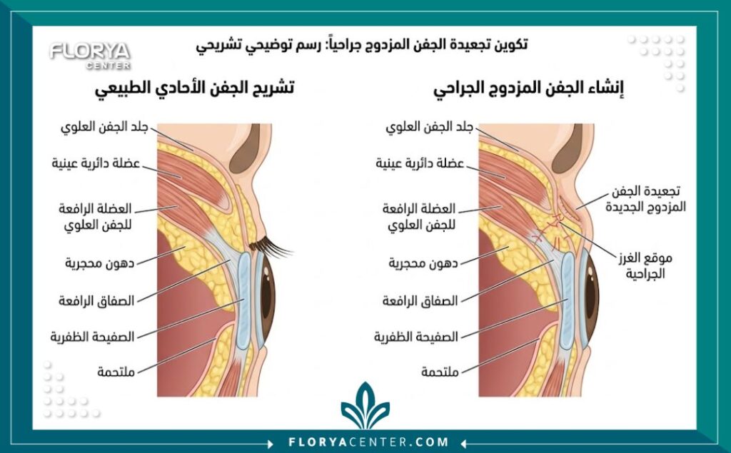 رسم توضيحي طبي يشرح تشريح العين وكيفية إنشاء ثنية الجفن العلوي في جراحة الجفن الآسيوية.