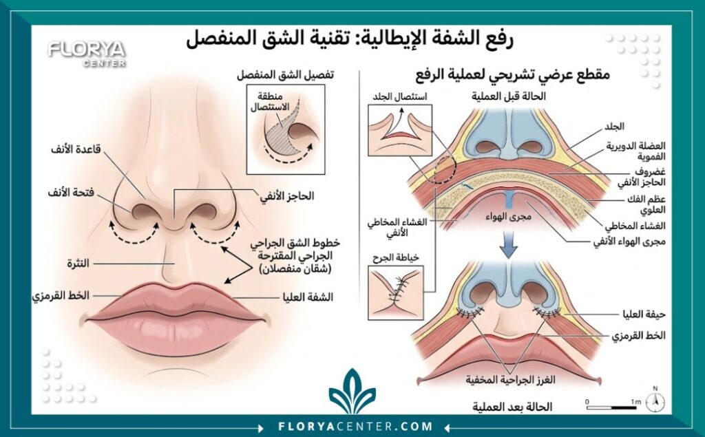 رسم تخطيطي طبي يوضح أماكن الشقوق الدقيقة لتقنية رفع الشفة الإيطالية تحت فتحات الأنف.