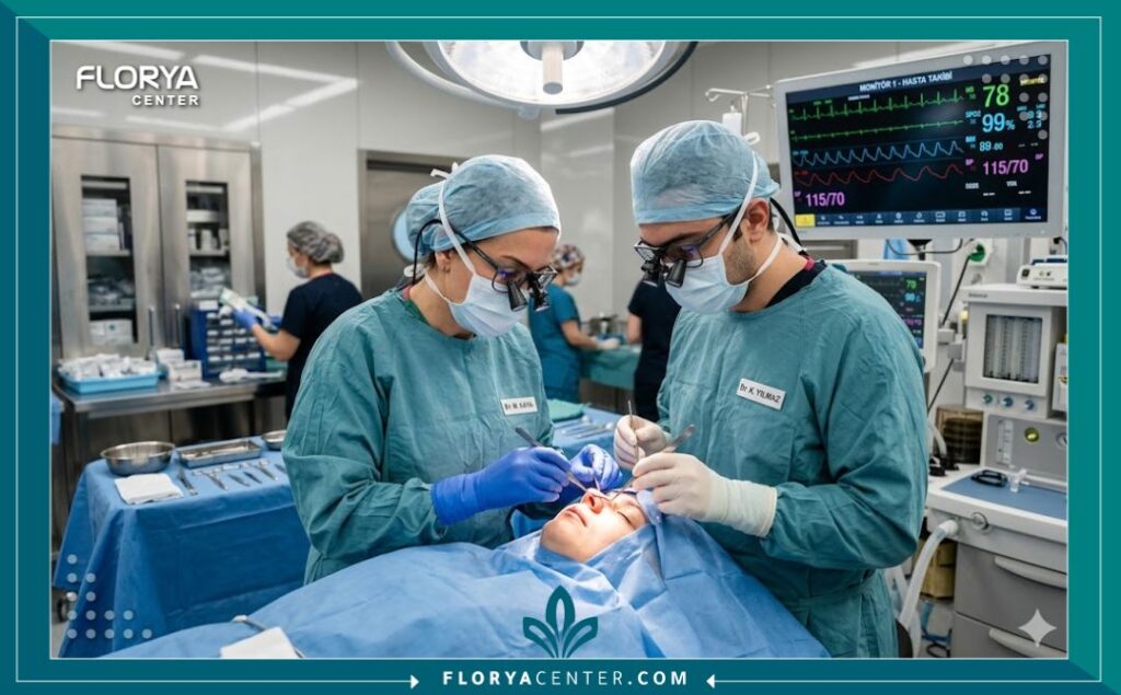 جراح تجميل تركي ماهر يجري جراحة رفع الشفة الإيطالية في غرفة عمليات معقمة ومجهزة بالكامل.