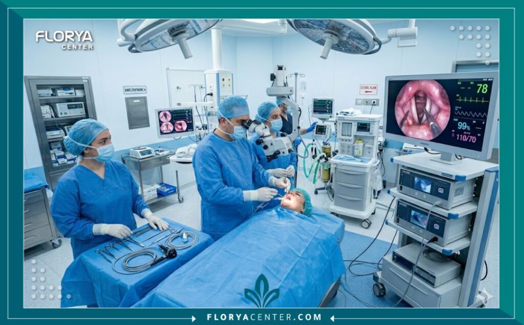 لقطة داخلية لغرفة عمليات معقمة ومجهزة بأحدث التقنيات لجراحة الصوت في مستشفى تركي.